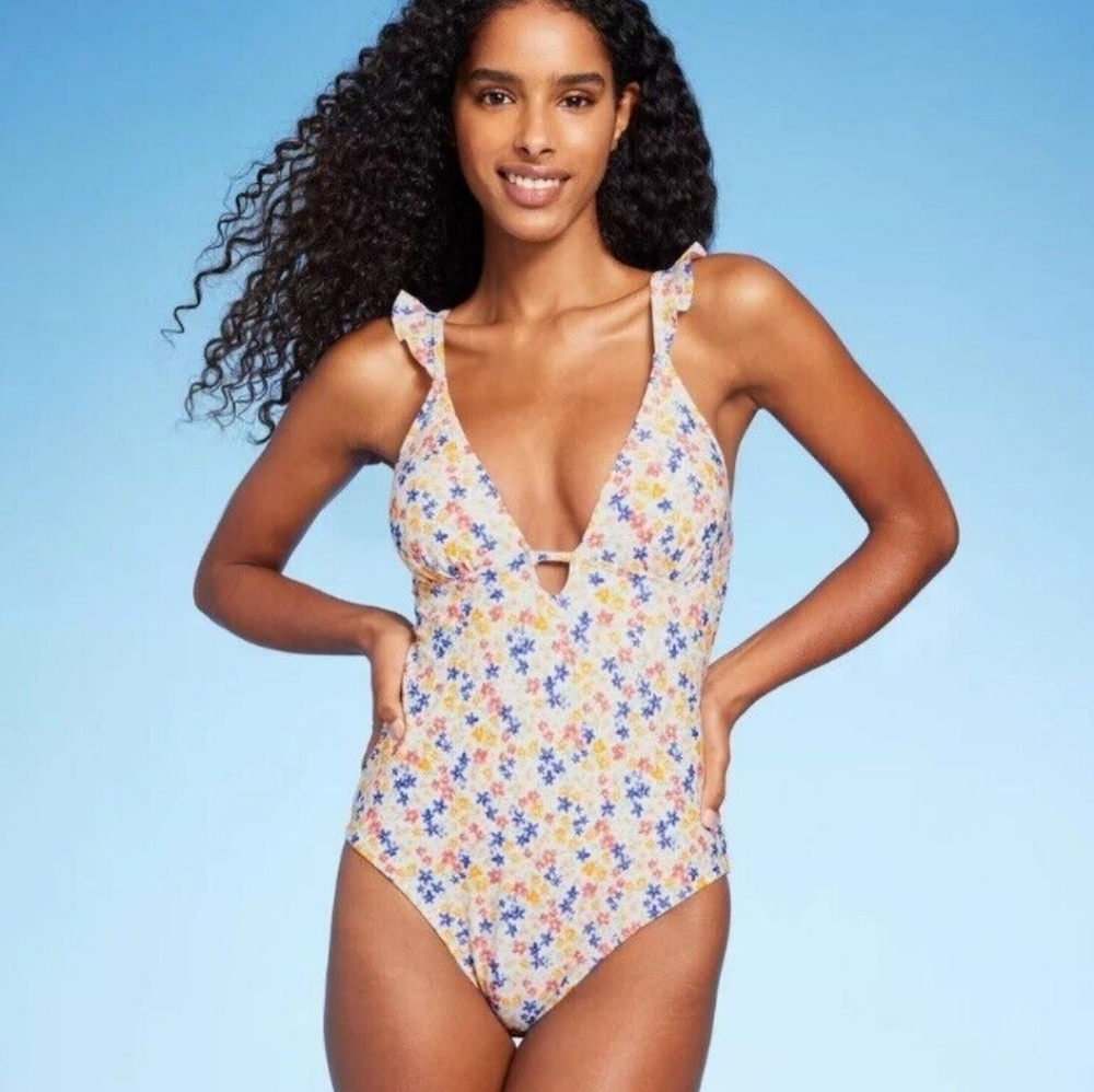 NWOT Women Swim | Ruffle Shoulder Plunge One Piece Swimsuit Shade & Shore